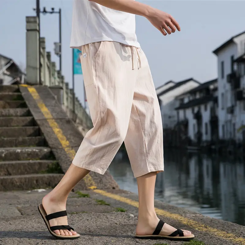 Men Linen Capri Pants Grey Loose Fit Summer Casual - Image 7
