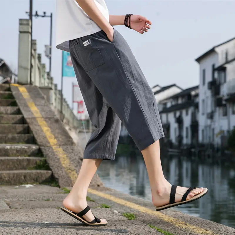 Men Linen Capri Pants Grey Loose Fit Summer Casual - Image 8
