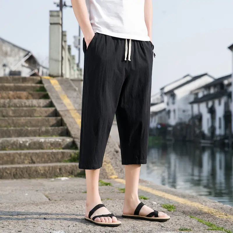 Men Linen Capri Pants Grey Loose Fit Summer Casual - Image 9