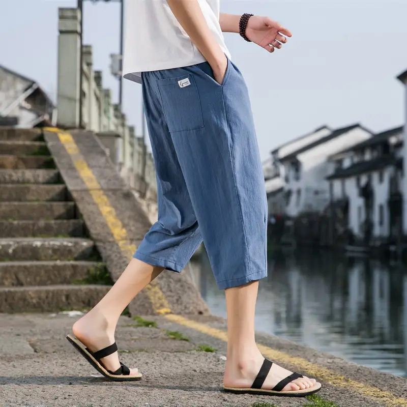 Men Linen Capri Pants Grey Loose Fit Summer Casual - Image 10