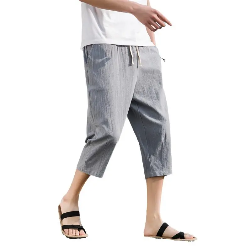 Men Linen Capri Pants Grey Loose Fit Summer Casual - Image 11