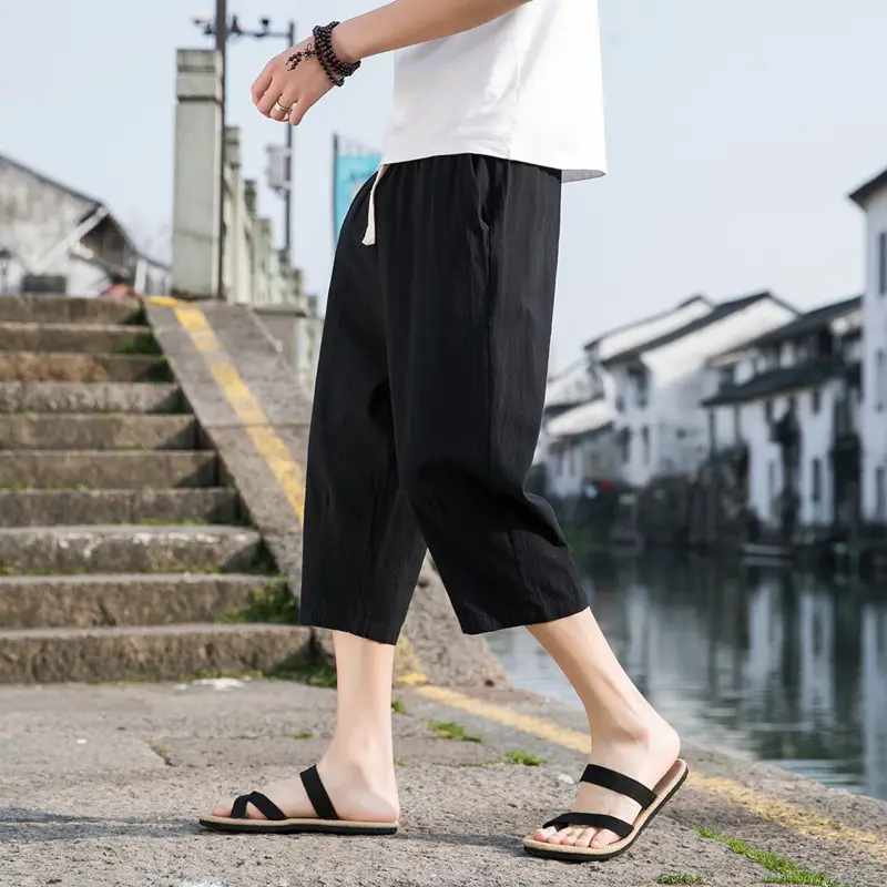 Men Linen Capri Pants Grey Loose Fit Summer Casual - Image 2