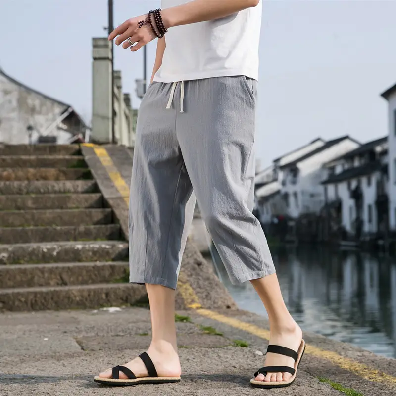 Men Linen Capri Pants Grey Loose Fit Summer Casual - Image 3