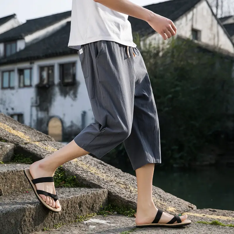 Men Linen Capri Pants Grey Loose Fit Summer Casual - Image 4