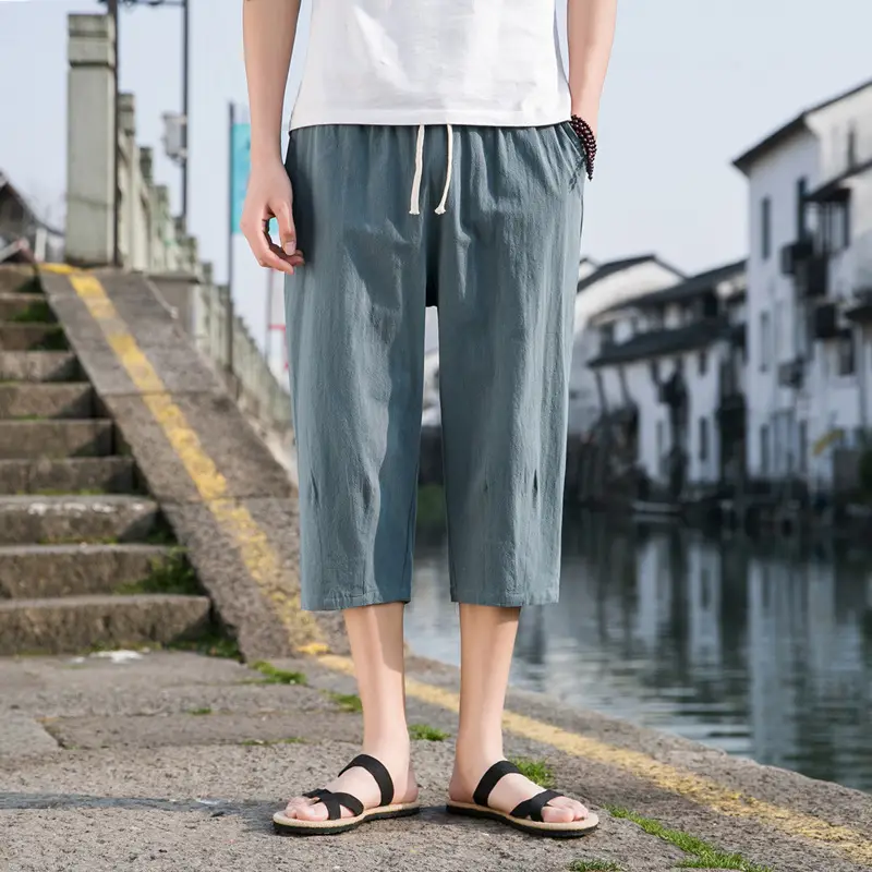 Men Linen Capri Pants Grey Loose Fit Summer Casual - Image 5