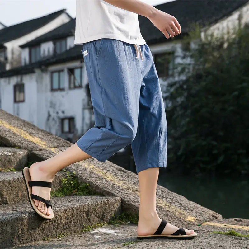 Men Linen Capri Pants Grey Loose Fit Summer Casual - Image 6