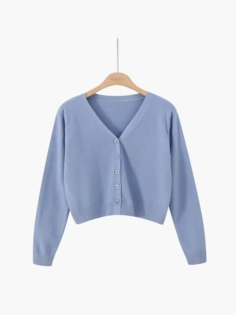 Women's V-Neck Long Sleeve Wool Cardigan Blue - Image 13