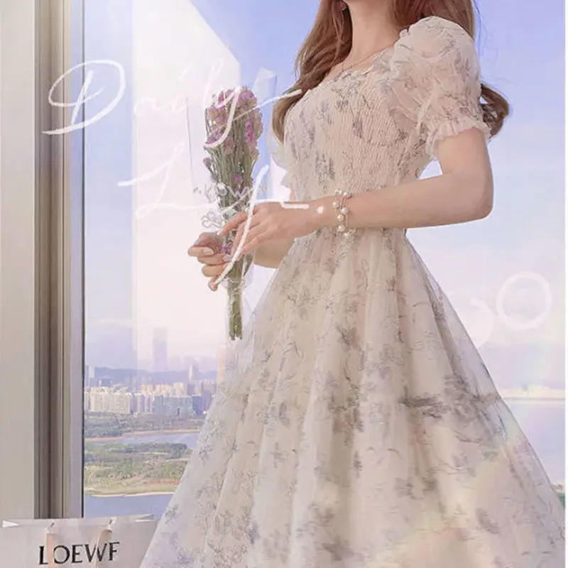 Women White Chiffon Waist Slimming Dress Summer Tea Break - Image 2
