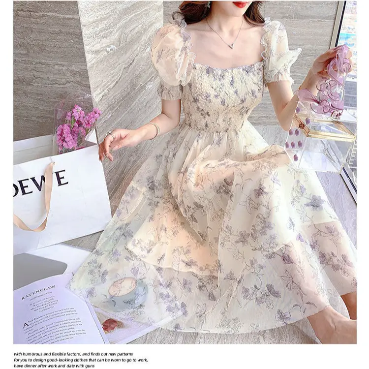 Women White Chiffon Waist Slimming Dress Summer Tea Break - Image 3