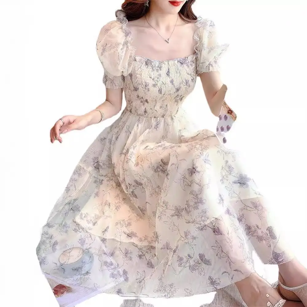 Women White Chiffon Waist Slimming Dress Summer Tea Break - Image 5