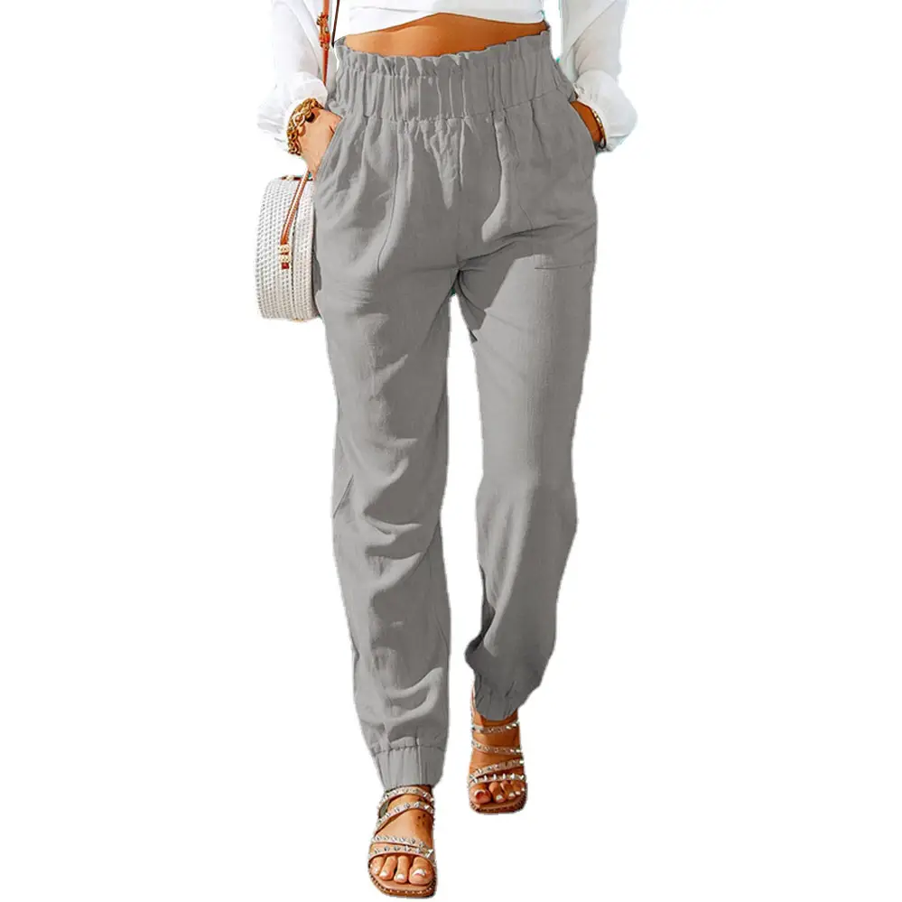 Grey Elastic Belt High Waist Pants for Women Spring - Image 3