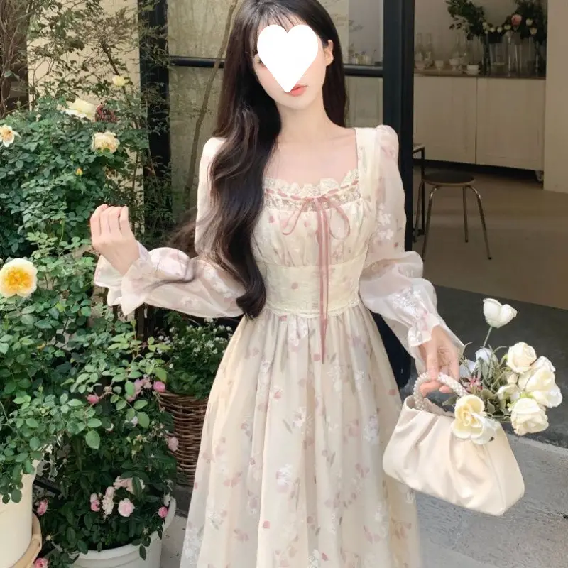 Red French Style Skirt Dress Mid Length Long Sleeve — feature 2
