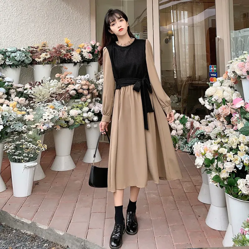 Red French Style Skirt Dress Mid Length Long Sleeve — feature 21