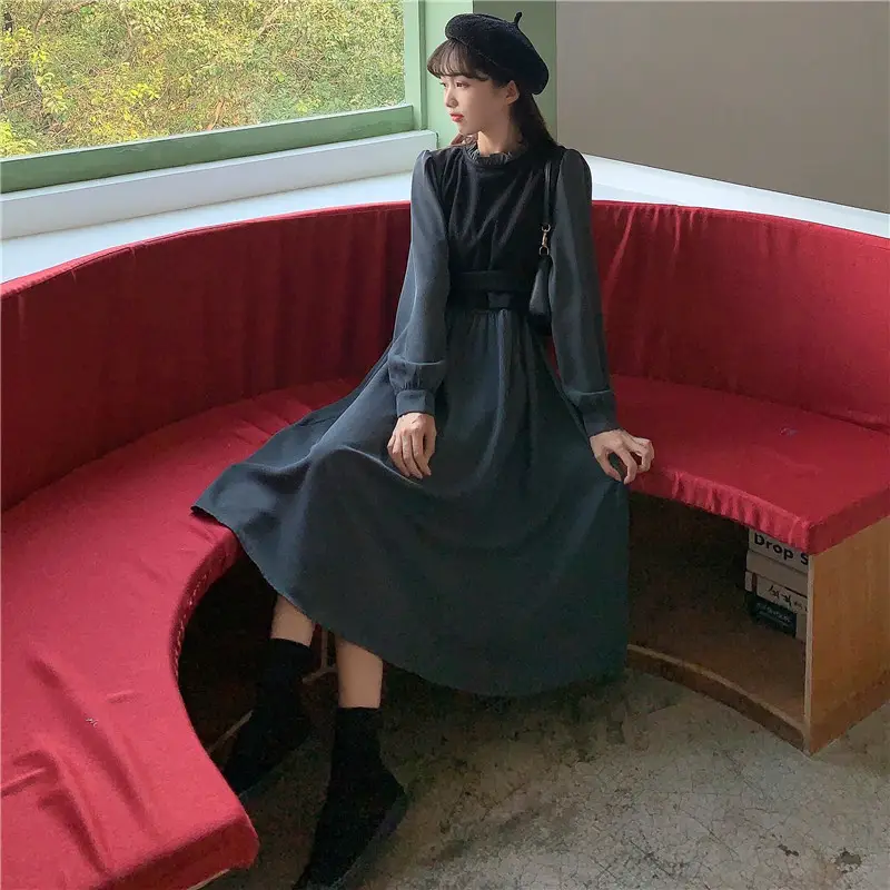 Red French Style Skirt Dress Mid Length Long Sleeve — feature 22