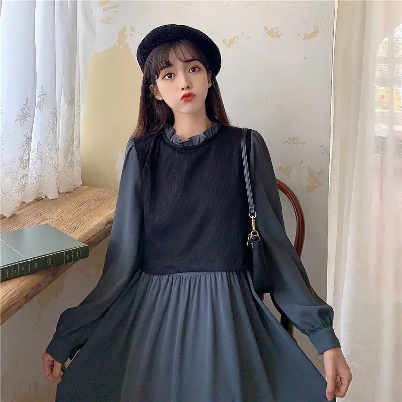 Red French Style Skirt Dress Mid Length Long Sleeve — feature 23