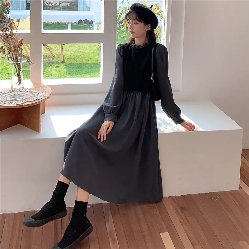 Red French Style Skirt Dress Mid Length Long Sleeve — feature 24