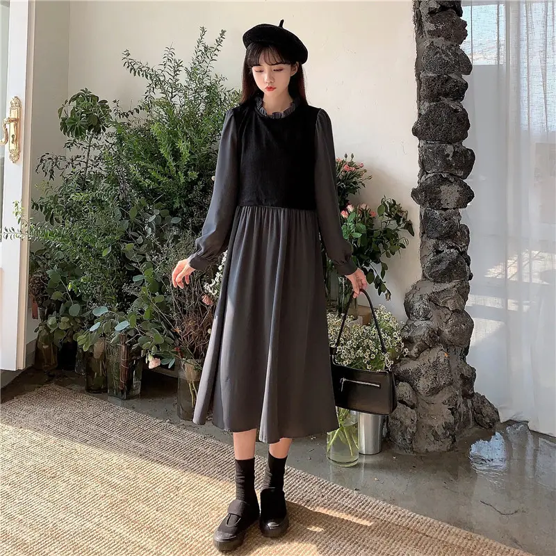 Red French Style Skirt Dress Mid Length Long Sleeve — feature 25