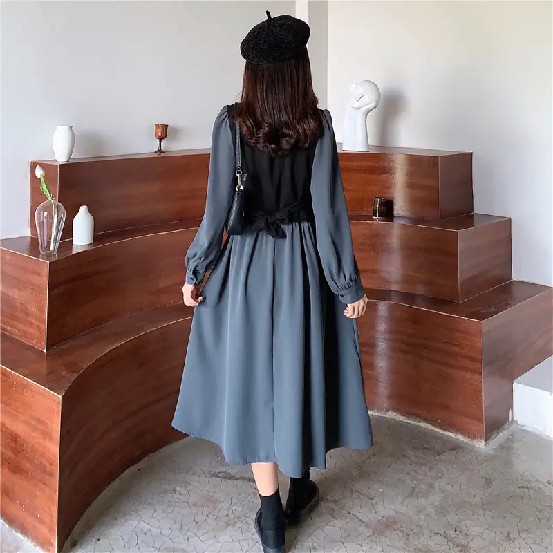 Red French Style Skirt Dress Mid Length Long Sleeve — feature 26