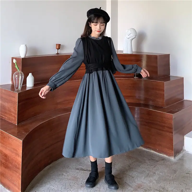 Red French Style Skirt Dress Mid Length Long Sleeve — feature 27
