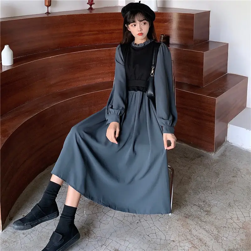 Red French Style Skirt Dress Mid Length Long Sleeve — feature 28