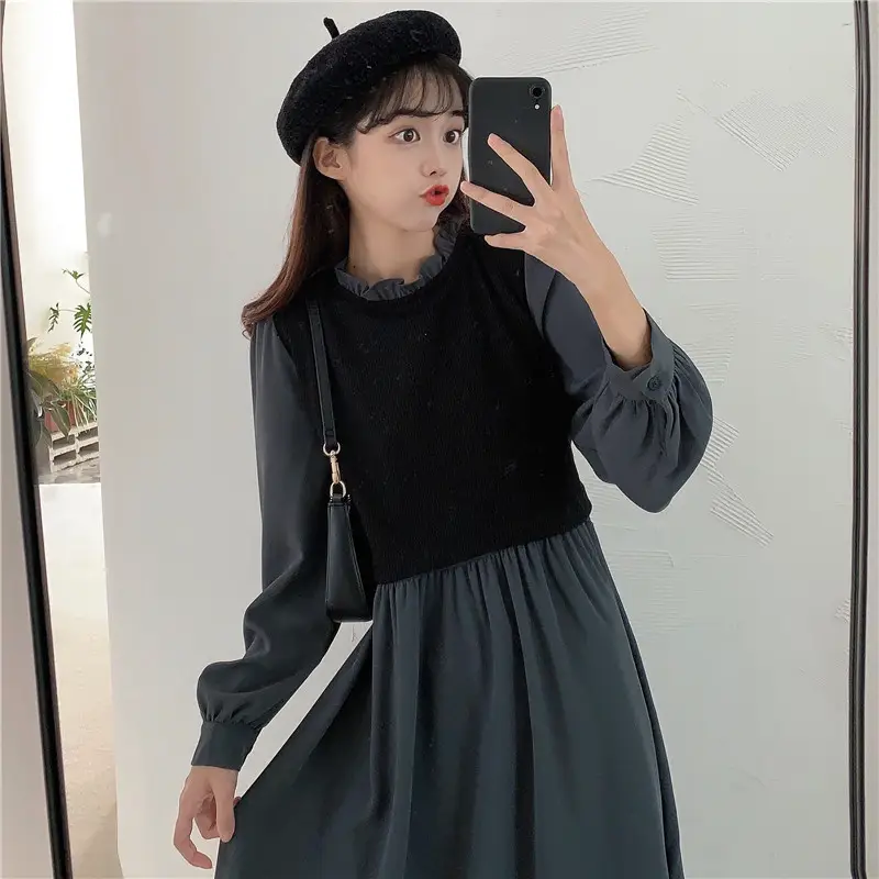 Red French Style Skirt Dress Mid Length Long Sleeve — feature 29