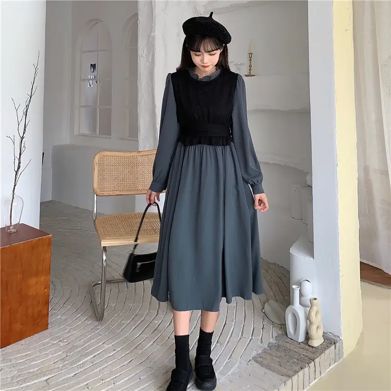Red French Style Skirt Dress Mid Length Long Sleeve — feature 30