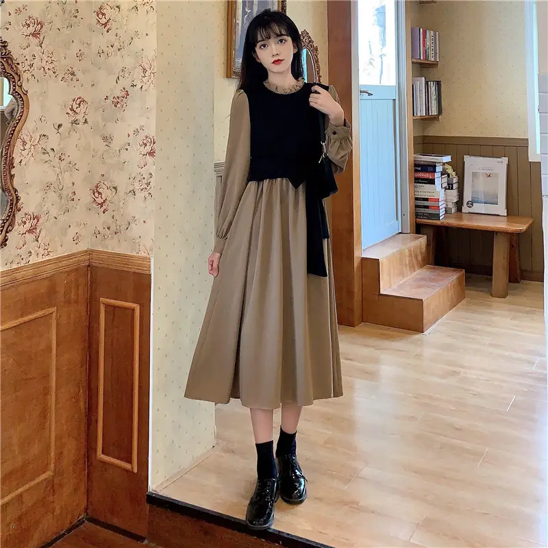 Red French Style Skirt Dress Mid Length Long Sleeve — feature 31