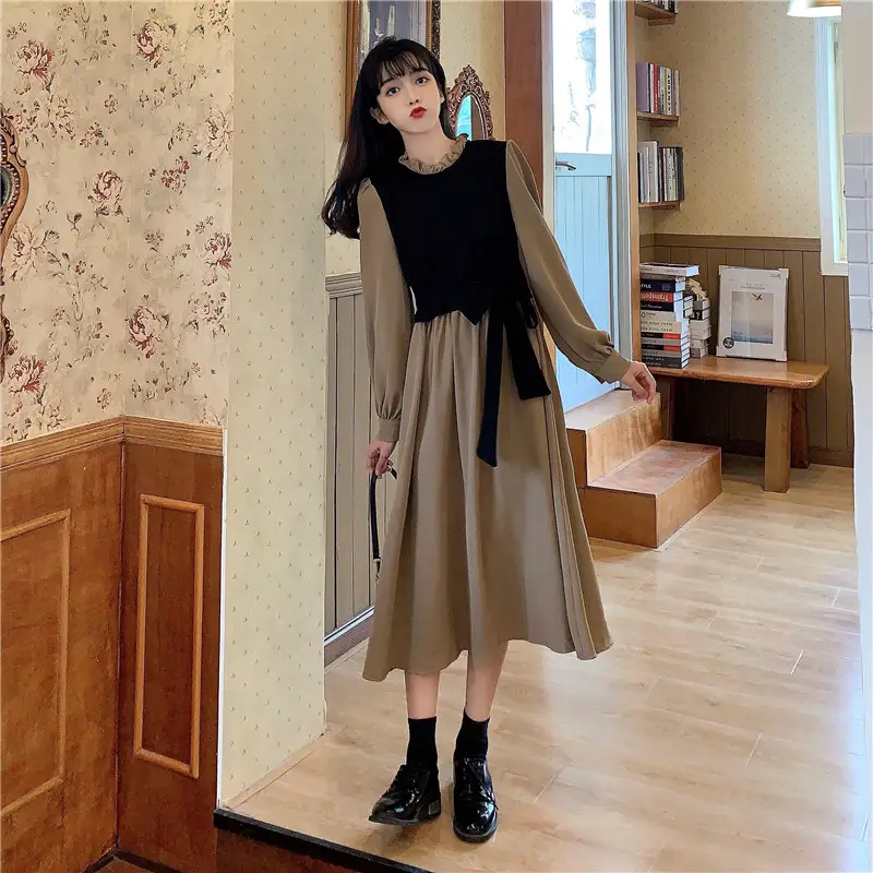 Red French Style Skirt Dress Mid Length Long Sleeve — feature 32