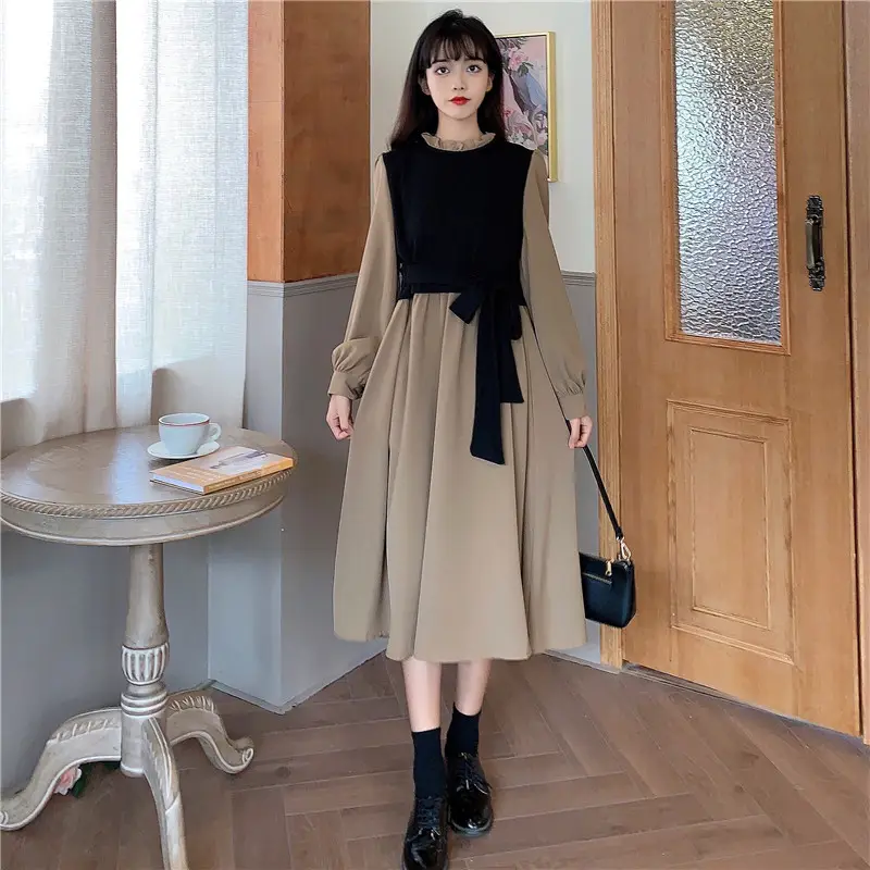Red French Style Skirt Dress Mid Length Long Sleeve — feature 33