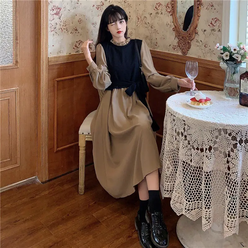 Red French Style Skirt Dress Mid Length Long Sleeve — feature 34