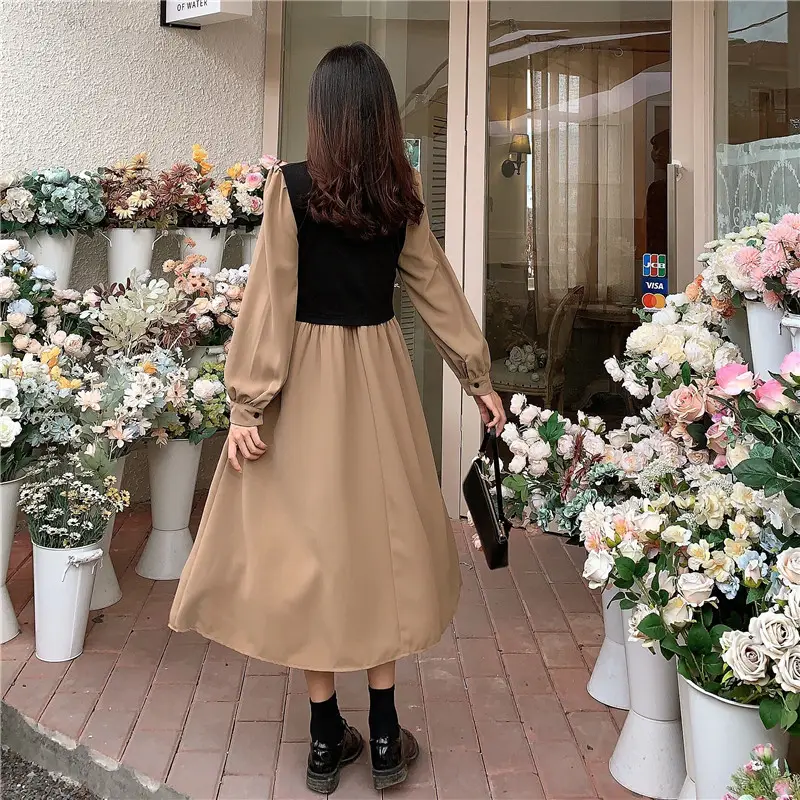 Red French Style Skirt Dress Mid Length Long Sleeve — feature 35