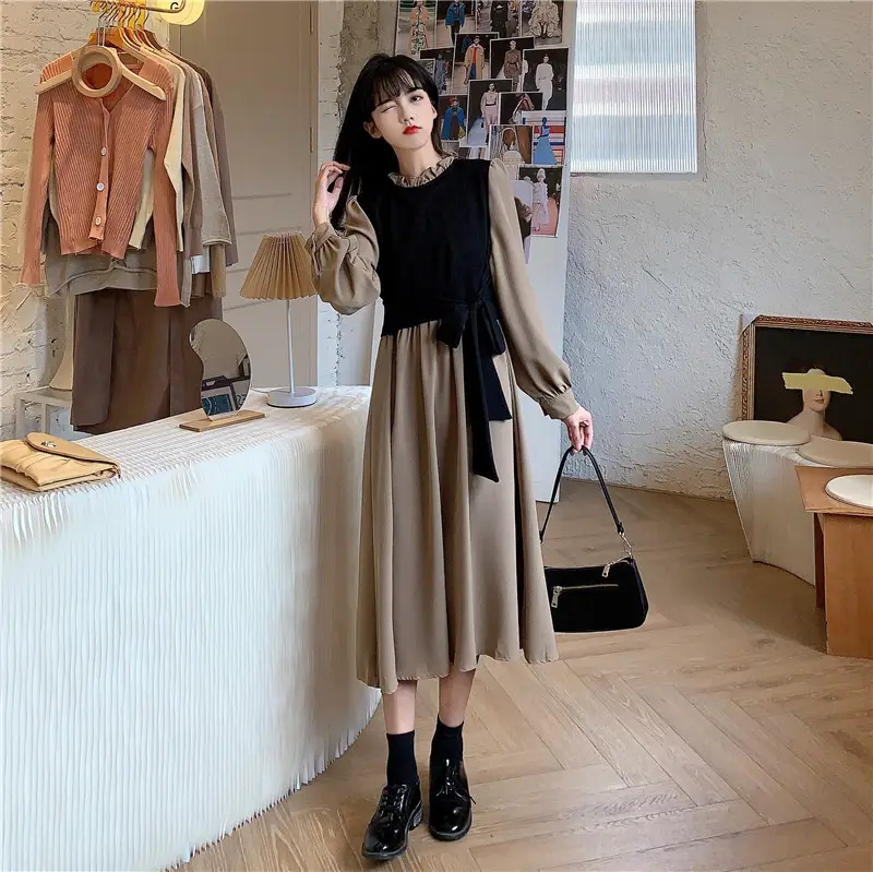 Red French Style Skirt Dress Mid Length Long Sleeve — feature 36