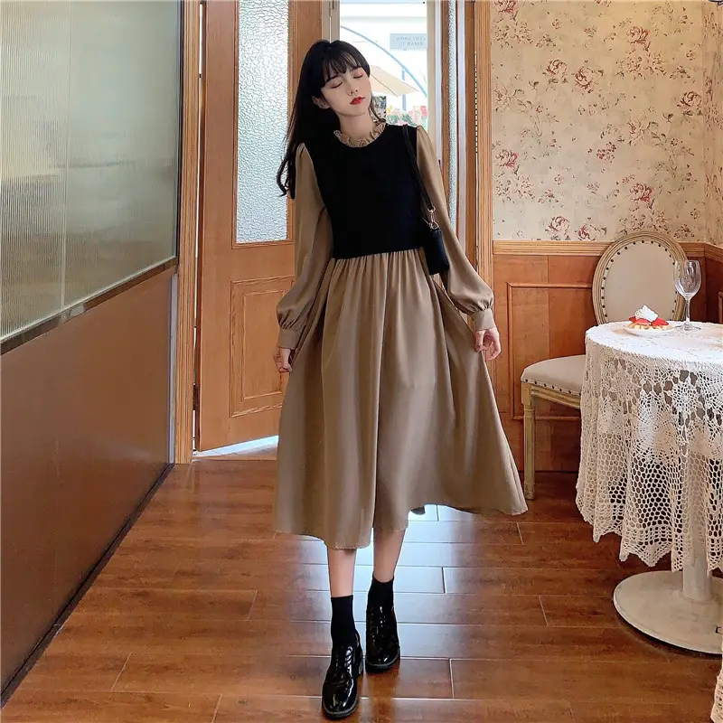 Red French Style Skirt Dress Mid Length Long Sleeve — feature 37