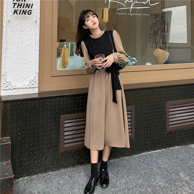 Red French Style Skirt Dress Mid Length Long Sleeve — feature 38