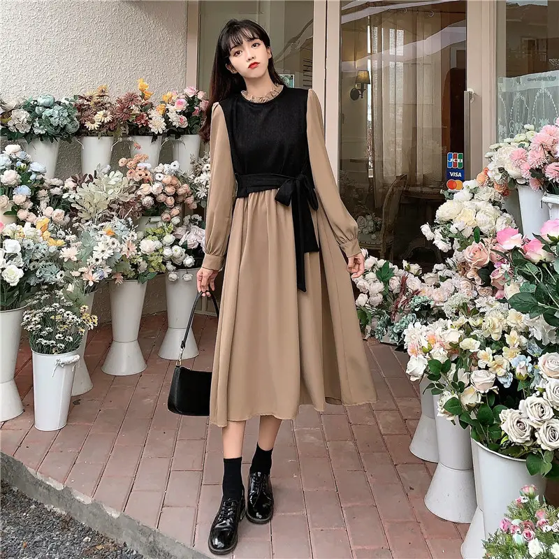 Red French Style Skirt Dress Mid Length Long Sleeve — feature 39