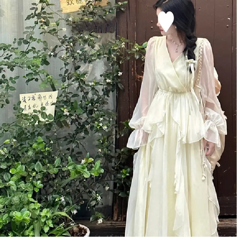 Red French Style Skirt Dress Mid Length Long Sleeve — feature 4