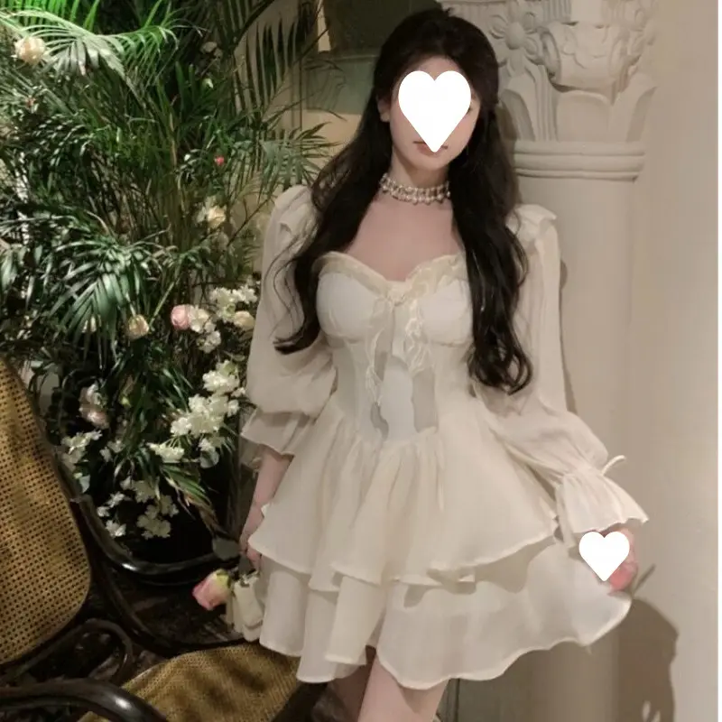 Red French Style Skirt Dress Mid Length Long Sleeve — feature 6