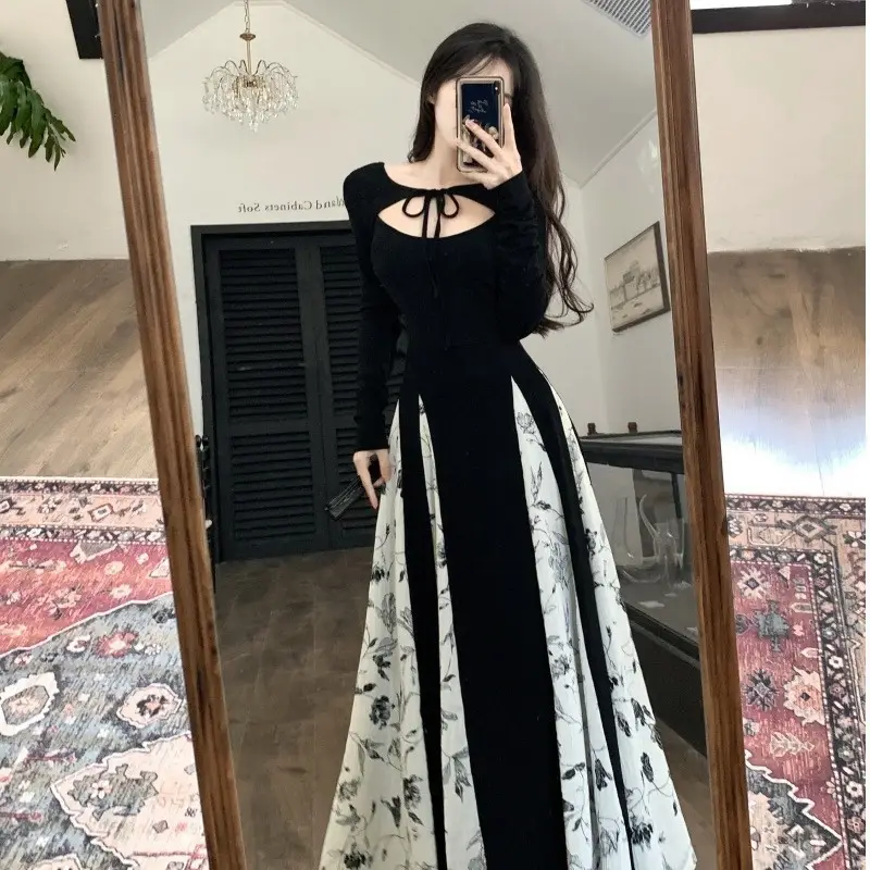 Red French Style Skirt Dress Mid Length Long Sleeve