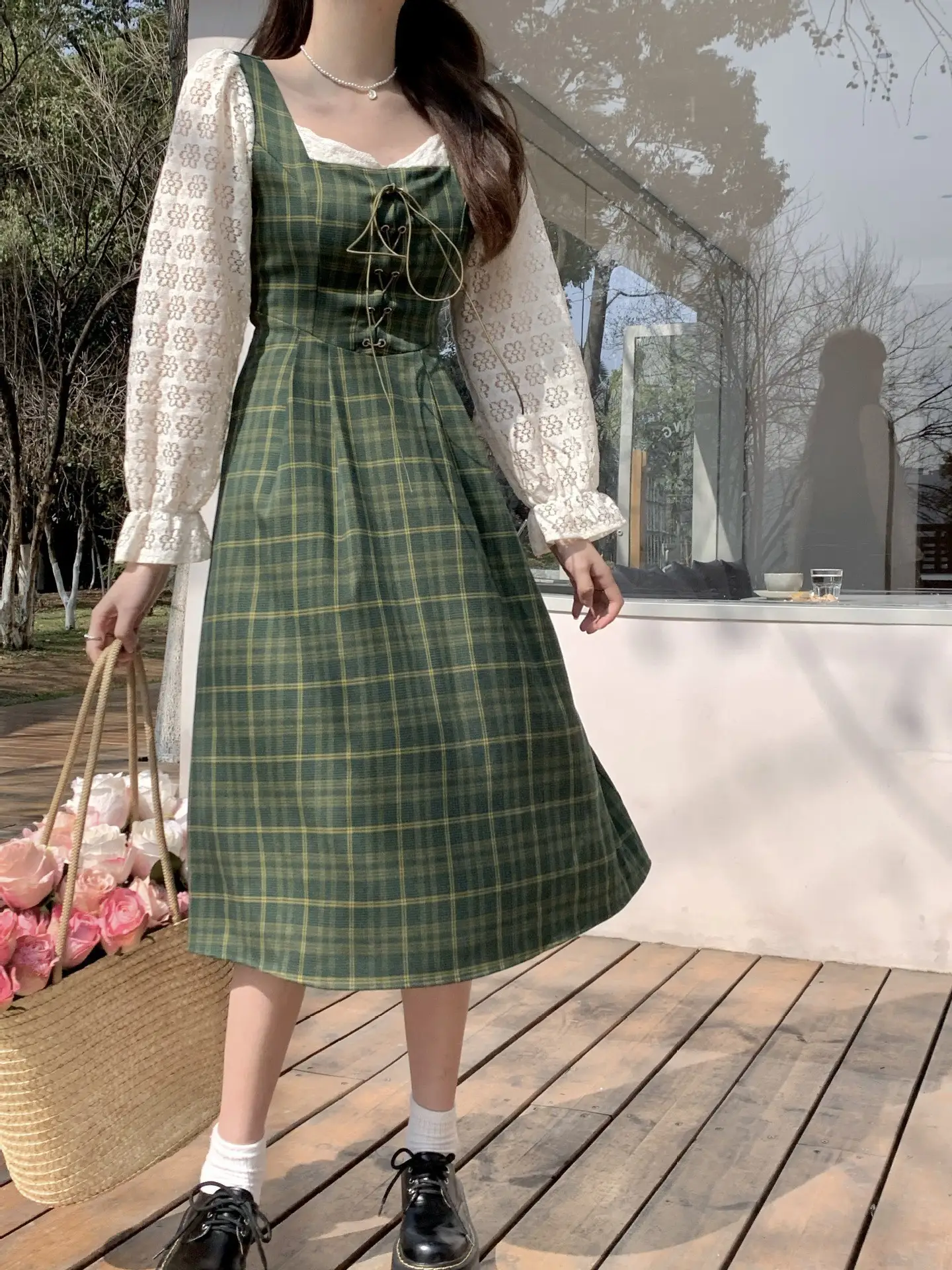 Red French Style Skirt Dress Mid Length Long Sleeve