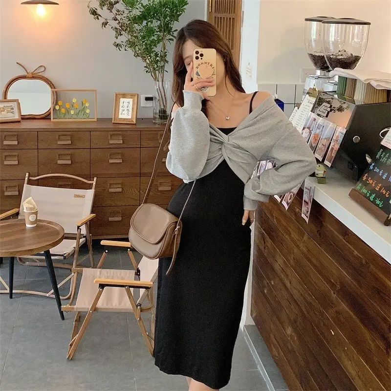 Red French Style Skirt Dress Mid Length Long Sleeve