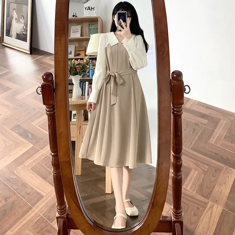 Red French Style Skirt Dress Mid Length Long Sleeve