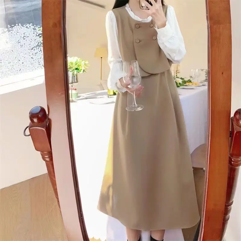 Red French Style Skirt Dress Mid Length Long Sleeve