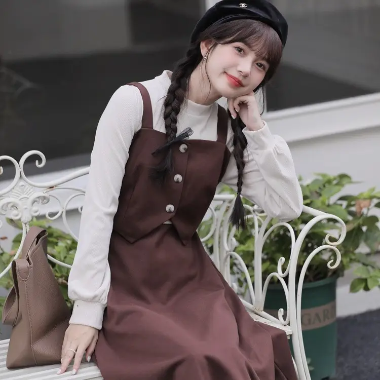 Red French Style Skirt Dress Mid Length Long Sleeve