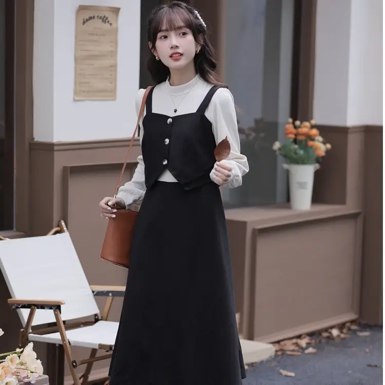 Red French Style Skirt Dress Mid Length Long Sleeve