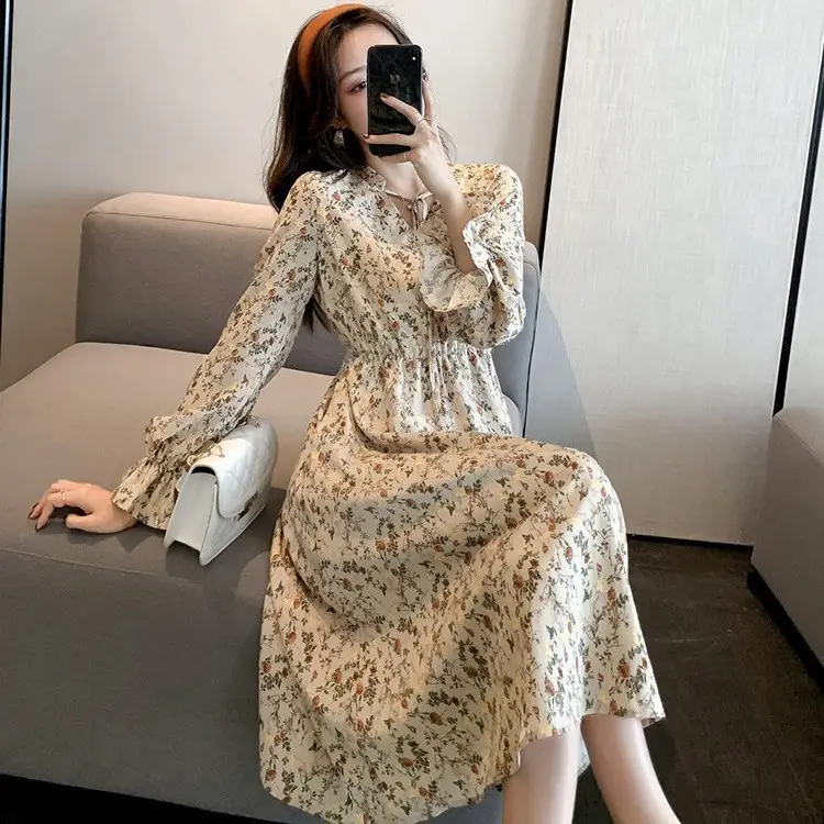 Red French Style Skirt Dress Mid Length Long Sleeve