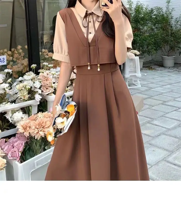 Red French Style Skirt Dress Mid Length Long Sleeve