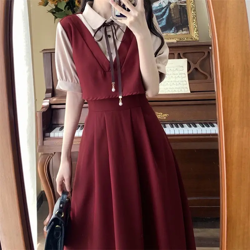 Red French Style Skirt Dress Mid Length Long Sleeve