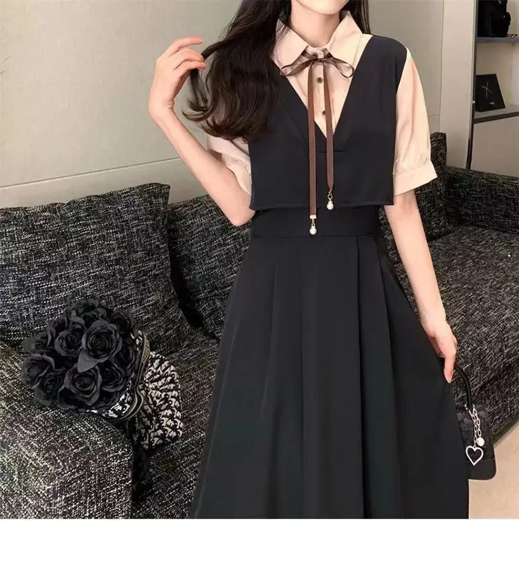 Red French Style Skirt Dress Mid Length Long Sleeve