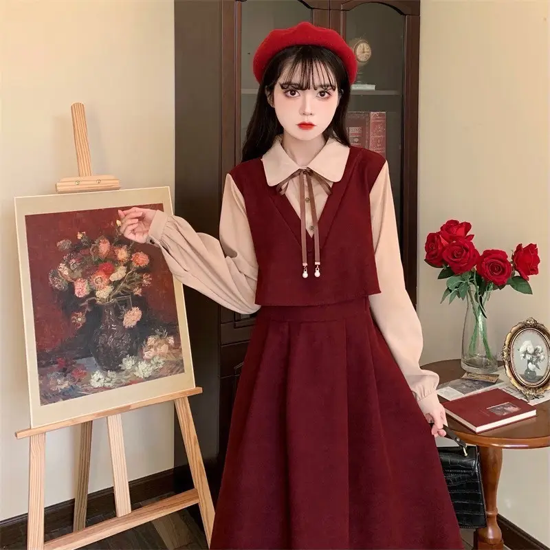 Red French Style Skirt Dress Mid Length Long Sleeve