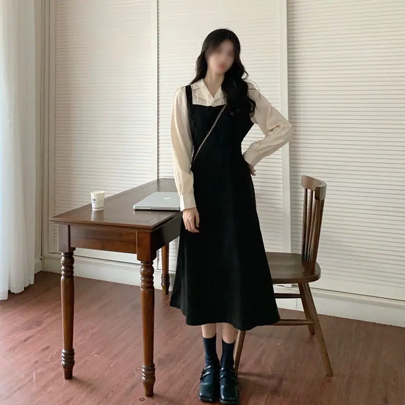 Red French Style Skirt Dress Mid Length Long Sleeve